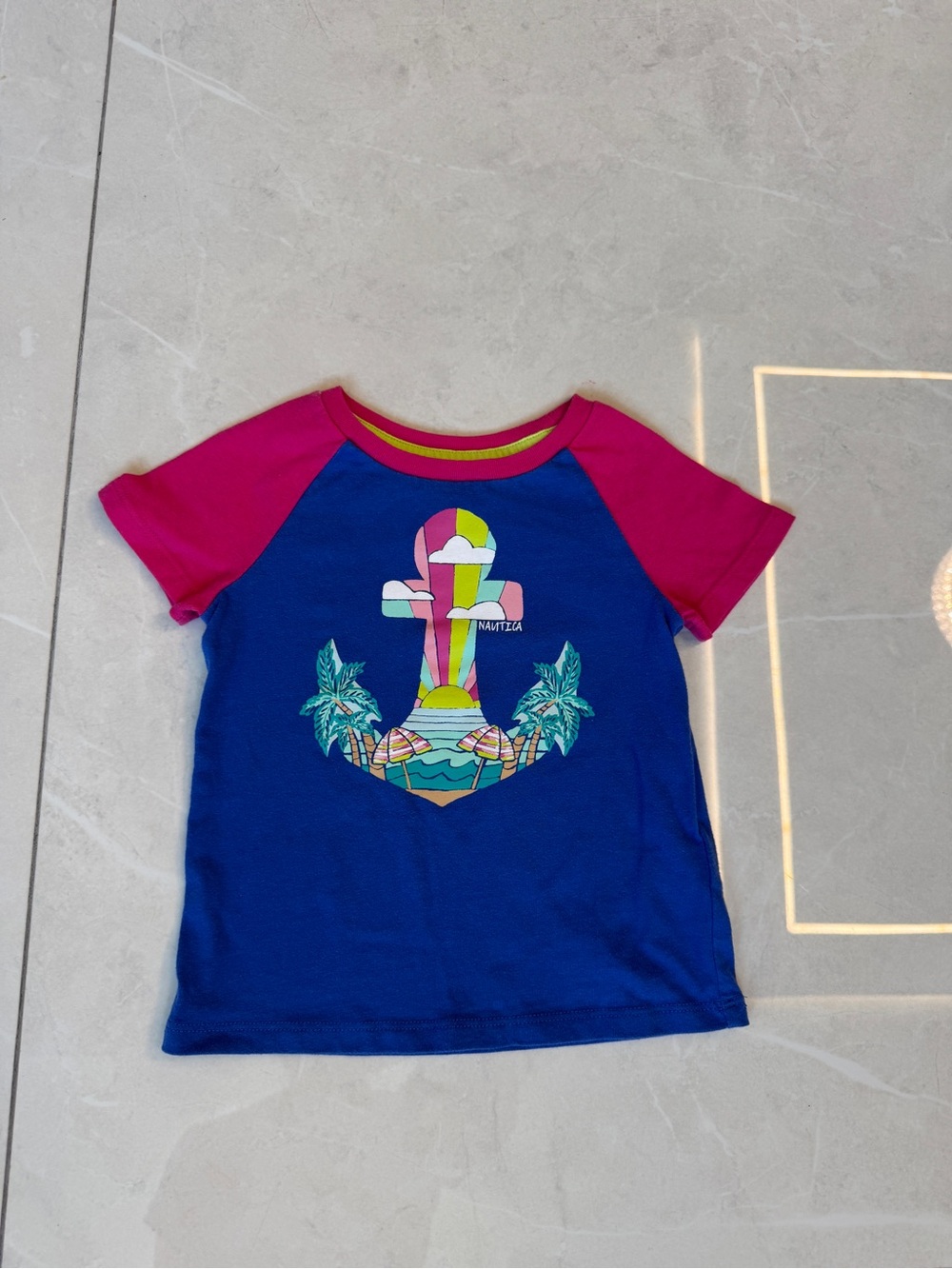 Nautica Blue Tee with Pink Raglan Sleeves and Colorful Anchor
